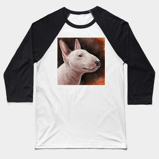 A Painting of a Bull Terrier Smiling on Hot Dark Orange Background Baseball T-Shirt by ibadishi